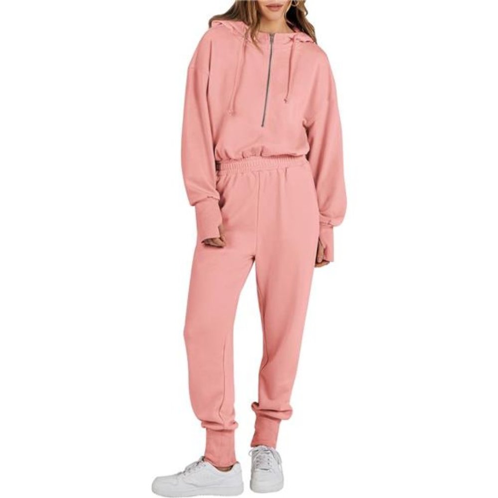Women's Jumpsuits Long Sleeve Hooded Pant Rompers with Pockets, Light Pink